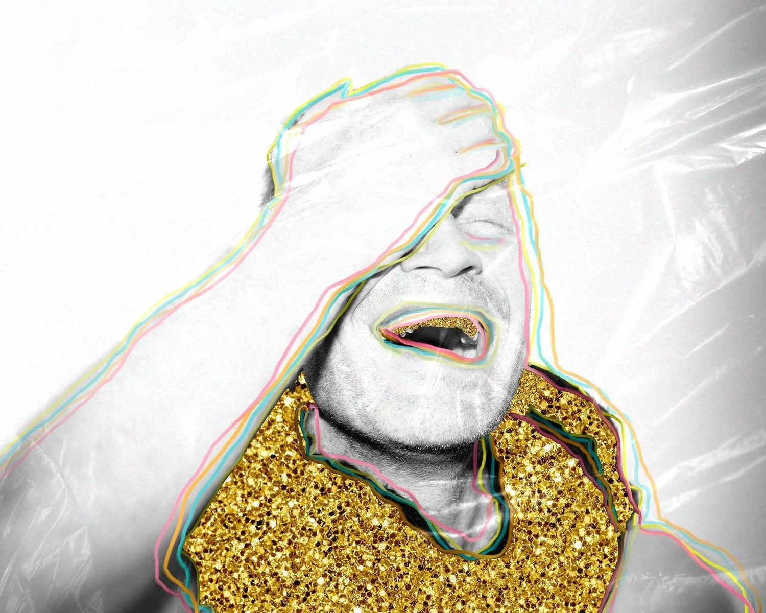 Collage of a face with gold glitter and colorful outline on a white background