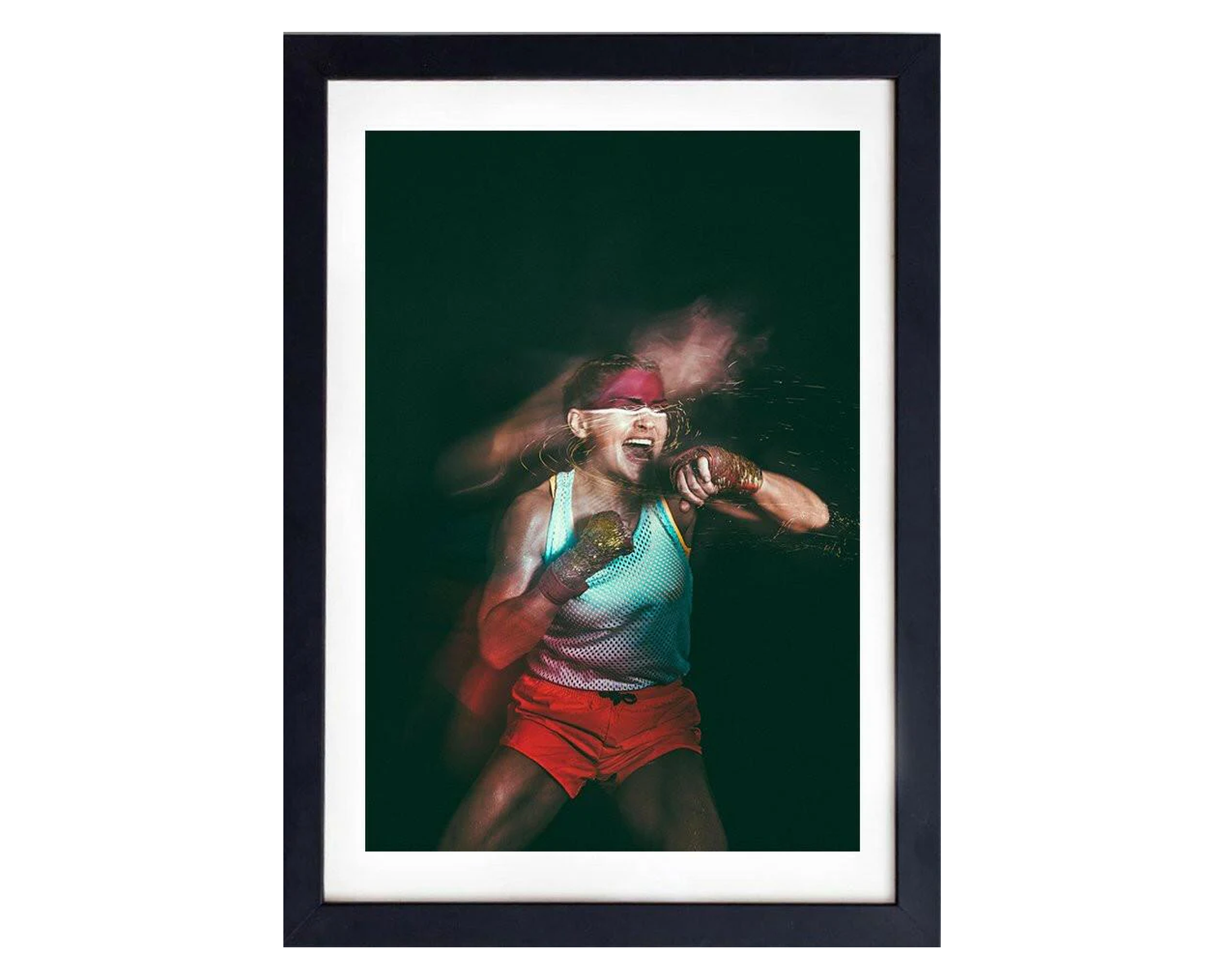 Framed artwork of a girl in athletic wear with a dark background