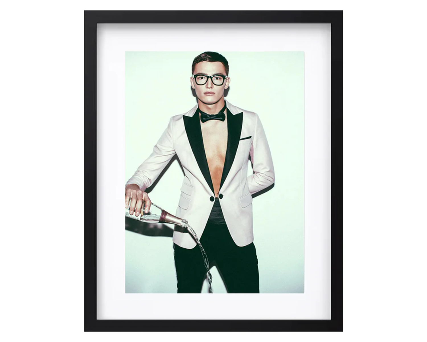 Framed artwork of a man in a white tuxedo with a bow tie on a light green background.